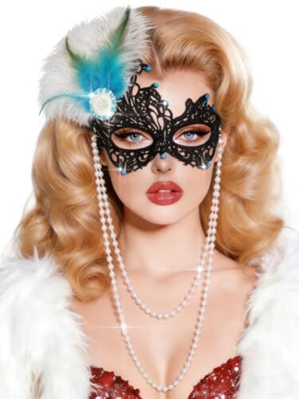 3518 Rhinestone Venetian Masquerade Mask Feather Masks with Pearl Tassels